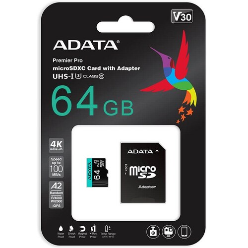 Memoria MicroSD Adata Premier Pro 64GB SDXC UHS-I U3 V30 Clase 10 A2 Con Adaptador AUSDX64GUI3V30SA2-RA1