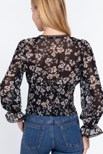 Blusa De Chifón Gasa Con Estampado Floral Negro Active USA Talla Chica