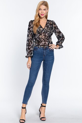 Blusa De Chifón Gasa Con Estampado Floral Negro Active USA Talla Chica