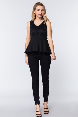 Blusa Top Sin Mangas Con Cuello En V Peplum Negro Encaje Active USA Talla Chica