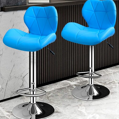 Paquete de 4 Sillas de Barra Acolchada con Respaldo geometrico, Taburete Giratorio Ajustable con reposapiés, Silla Alta (Azul)