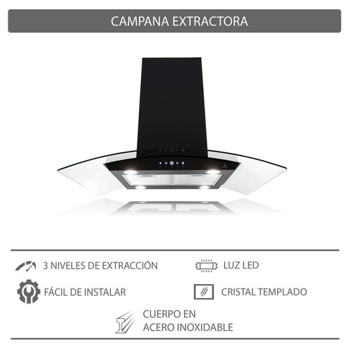 Campana extractora para cocina de isla SUPRA CI-76-BLACK en color negro y cristal curvo de 76 cm.