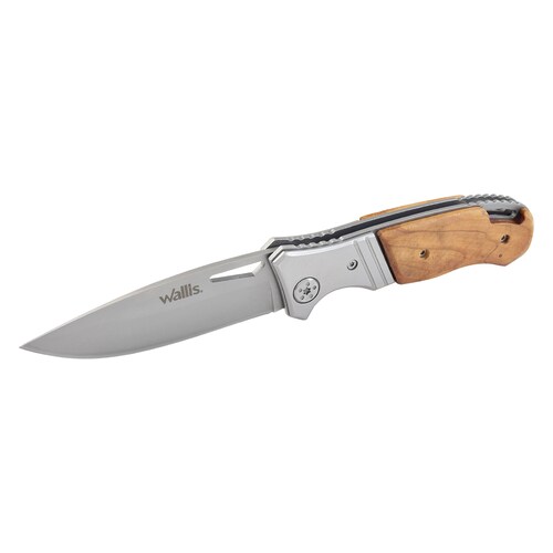 Navaja con mango gris/madera, hoja lisa, 9cm largo, con clip 