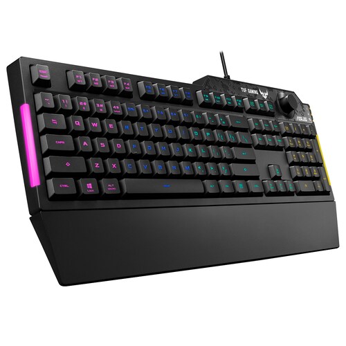 TECLADO GAMING ASUS NEGRO RGB PERILLA VOLUMEN LUZ LATERAL INTERRUPTORES TACTILES REPOSA MUÑECAS USB2 RA04 TUF GAMIING K1/US
