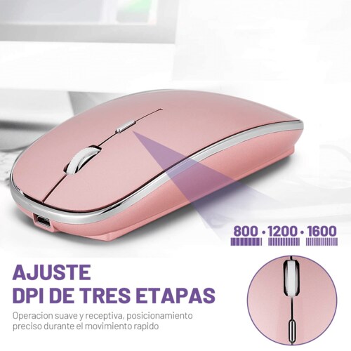 Mouse Inalámbrico, Ratón Inalámbrico Recargable Wireless óptico Silencioso de 2.4 GHz, con Receptor USB y Tipo-c Adaptador Color Rosa
