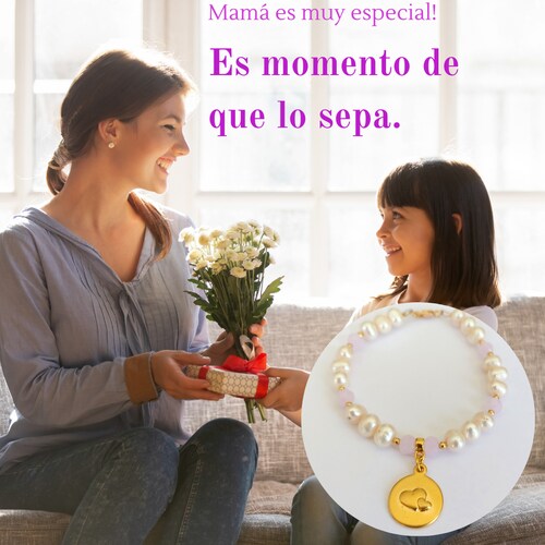 Pulsera Mamá Perlas Dije 'Mamá' Chapada en Oro Mujer