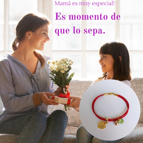 Pulsera Roja Mamá Ideas Cristal Chapada en Oro Dije Corazón 'Mom' Mujer