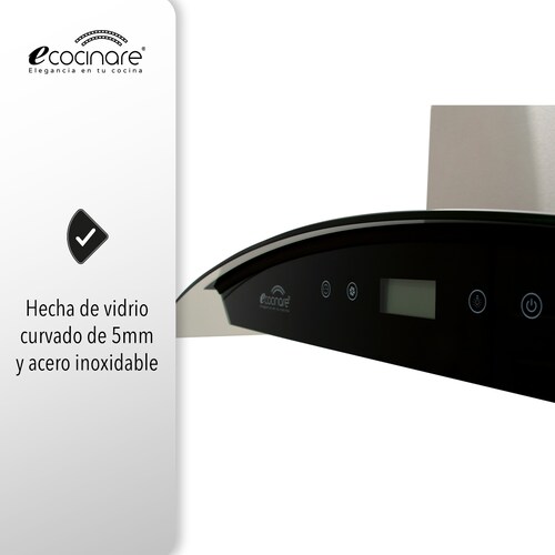 Campana de Cocina 90cm para PARED (Botones touch), Acero Inoxidable y Vidrio Templado, Extractora y Purificadora, 3 Velocidades de Succión, Iluminación LED, Filtros Metálicos