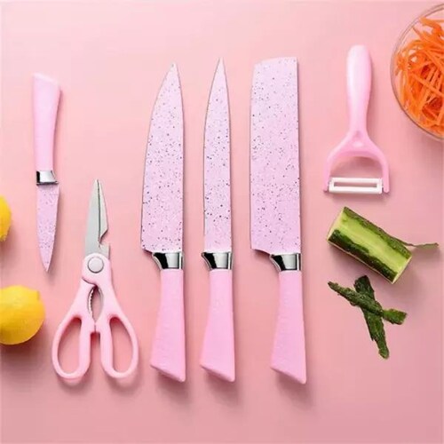 set de cuchillos profesionales color rosa de acero inoxidable 6 piezas