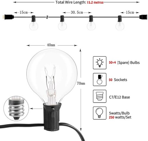 Guirnalda De Luces 50 Focos De Exterior Impermeable 15 metros