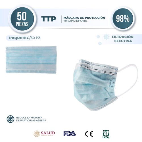 Cubrebocas Tricapa Infantil Sanwo 50 Pzs Termosellado Niños Ajuste Nasal 