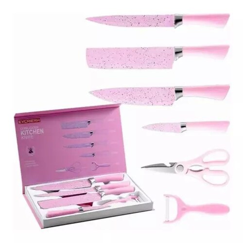 set de cuchillos profesionales color rosa de acero inoxidable 6 piezas