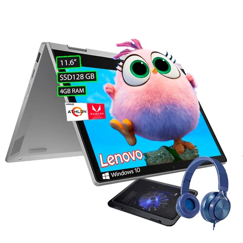 Laptop Lenovo Flex 3 AMD ATHLON Pantalla 11.6 Pulgadas Ram 4GB Disco de Estado Solido 128GB Windows 10 - Gris + Diadema + Base Enfriadora