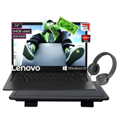Laptop Lenovo 14W AMD A6-9220C Ram 4GB Disco Duro EMMC 64GB Pantalla de 14 Pulgadas Windows 10 - Negro + Diadema + Base enfriadora +  Memoria 128 GB