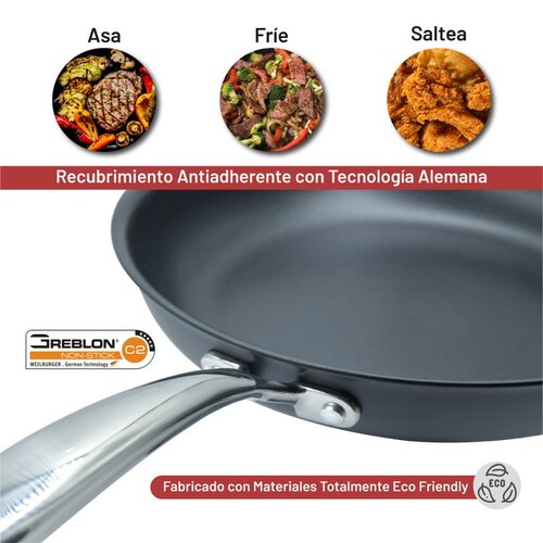 Sartén Antiadherente de Acero Inoxidable 25 cm Diámetro con Cubierta de Teflón Marca Pranzo Elite 