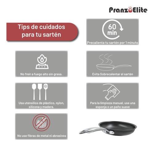 Sartén Antiadherente de Acero Inoxidable 25 cm Diámetro con Cubierta de Teflón Marca Pranzo Elite 