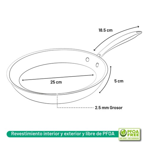 Sartén Antiadherente de Acero Inoxidable 25 cm Diámetro con Cubierta de Teflón Marca Pranzo Elite 