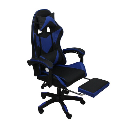 Silla Gamer con masajeador lumbar, descansa pies, reclinable y cabecera azul y negro