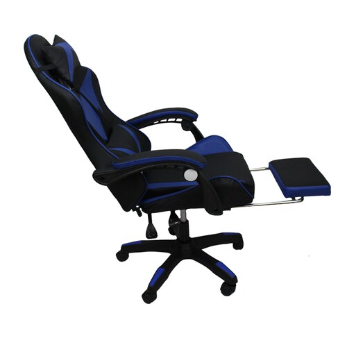 Silla Gamer con masajeador lumbar, descansa pies, reclinable y cabecera azul y negro