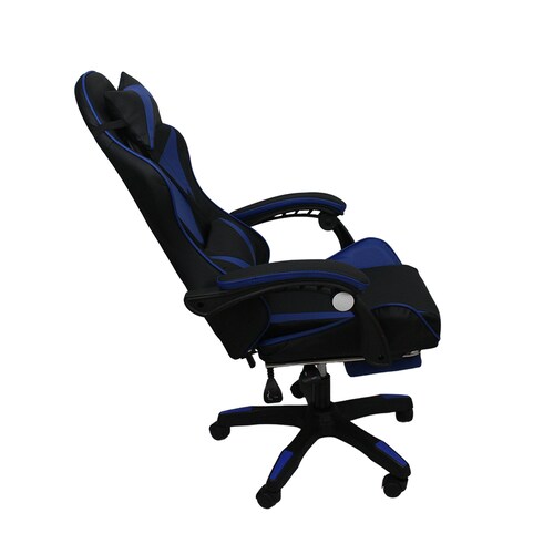 Silla Gamer con masajeador lumbar, descansa pies, reclinable y cabecera azul y negro