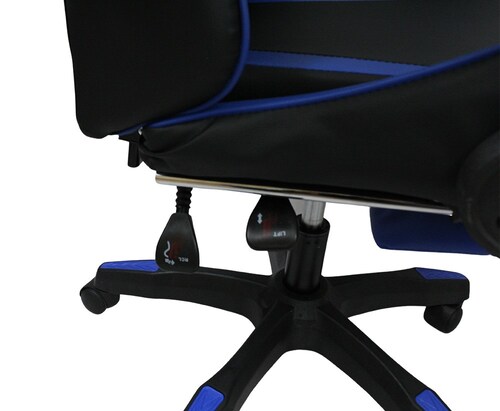 Silla Gamer con masajeador lumbar, descansa pies, reclinable y cabecera azul y negro