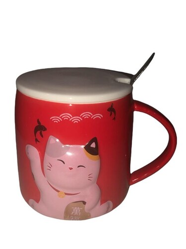 Taza Cerámica Japonesa Mino Ware - Gato Manekineko Blanco 280ml