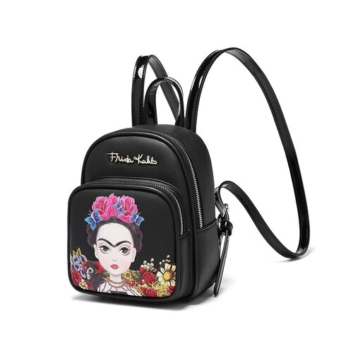 Mini Mochila negra Frida Kahlo Cartoon Original .