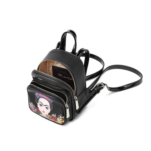 Mini Mochila negra Frida Kahlo Cartoon Original .
