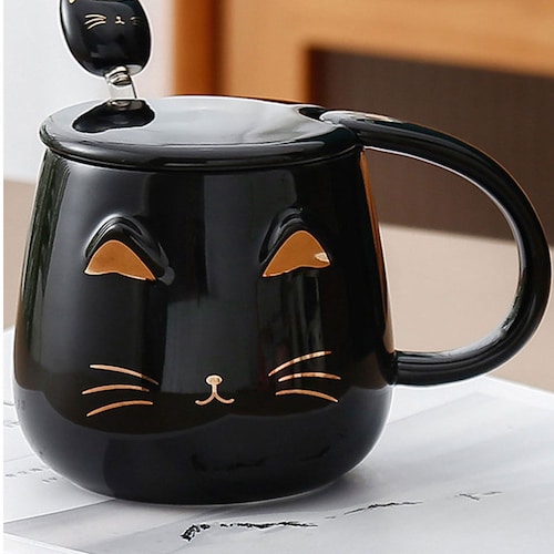 Taza De Cerámica Diseño De Gato Creativa Con Tapa Y Cuchara