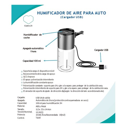 Humidificador sanitizador difusor aromatizador para auto 