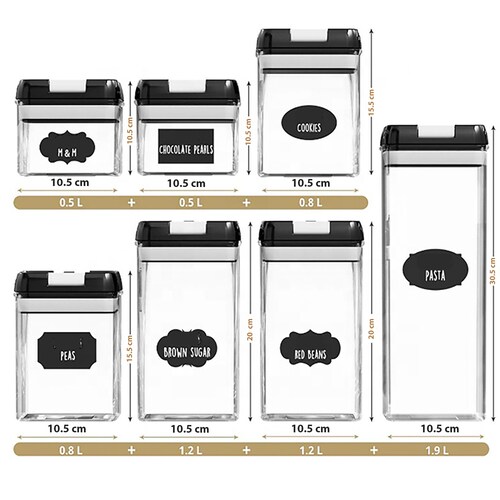 Set de 7 Recipientes Herméticos para Almacenar Alimentos con Etiquetas Personalizables y Cucharas Medidoras.