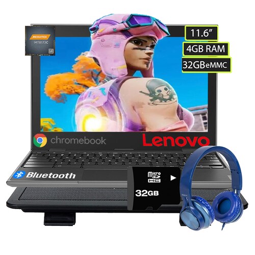 Lenovo Chromebook 100e Segunda Generacion Ram 4GB Disco EMMC 32GB Pantalla 11.6 Pulgadas Procesador mediatek MT8173C - Negro + Base Enfriadora + Diadema + Memoria 32GB