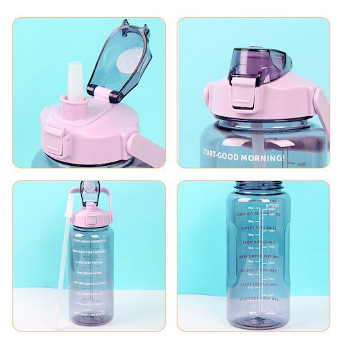  Botella de agua portátil de 2 litros con marcador de tiempo,  vasos de plástico de color degradado, jarras de fitness al aire libre  esmeriladas taza motivacional para estudiantes : Deportes y