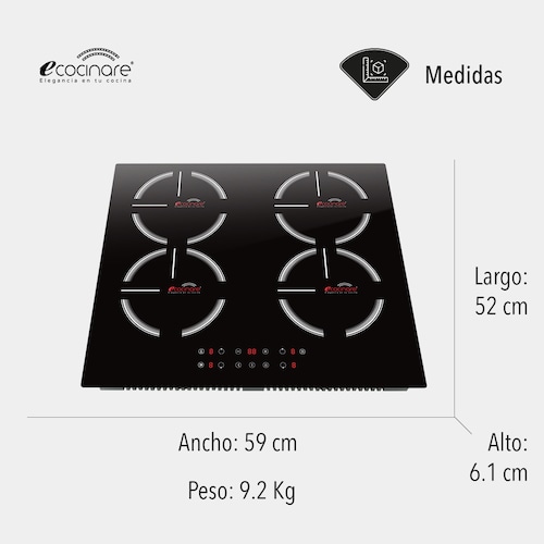 Estufa Parrilla de Inducción Magnética 4 Quemadores / Empotrable / Botones Touch / Ahorra Energía / Funcion de Temporizador y Bloqueo para Niños