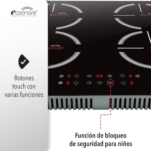 Estufa Parrilla de Inducción Magnética 4 Quemadores / Empotrable / Botones Touch / Ahorra Energía / Funcion de Temporizador y Bloqueo para Niños