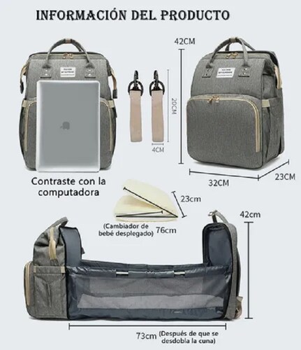 Mochila Impermeable Multifunción 5 En 1 Para Pañales Plegable Gris
