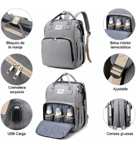 Mochila Impermeable Multifunción 5 En 1 Para Pañales Plegable Gris