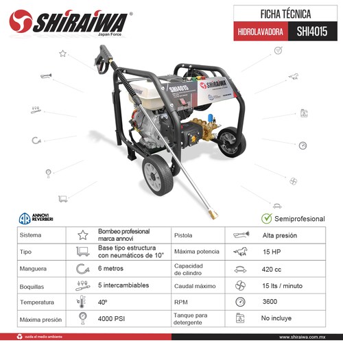 HIDROLAVADORA PROFESIONAL 4000 PSI SHIRAIWA SHI4015
