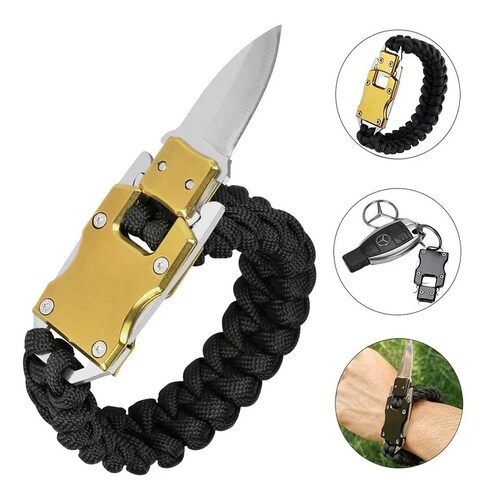 Pulsera Táctica Con Navaja Y Cuchillo Inoxidable Camping Oro Negro