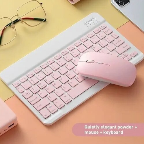 Kit Teclado En Español Y Mouse Con Bluetooth y Soporte Rosa