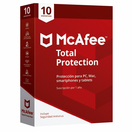 Antivirus McAfee Total Protección Licencia de 1 año  para 10 dispositivos PC  Laptop  Mac Dispositivos móviles Soporte técnico gratis hasta 2036