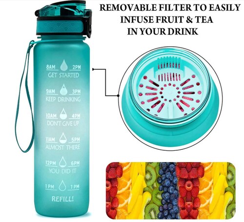 Botella De Agua Azul De Material Tritan de 1L Con Escala Y Cubierta De Rebote