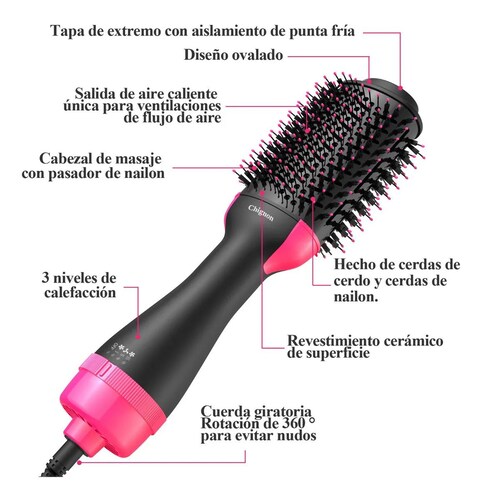 Cepillo Secador 4 en 1  Aire Caliente Para Alaciado rizado y estilizado con tecnología de iones negativos.