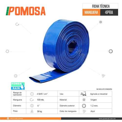 MANGUERA PLANA DE DESCARGA DE AGUA 4" POR 100 METROS 4PRA POWER RAIN USA