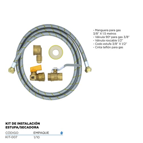 Kit de instalación de estufa o secadora, incluye Manguera de uso general, Cinta, Válvula y 2 Adaptadores
