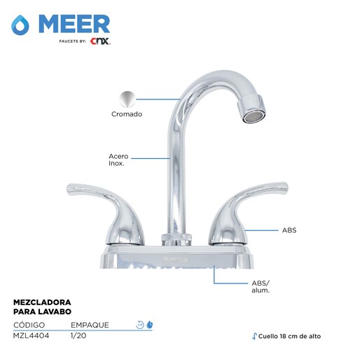 CNX Mezcladora para Lavabo de 1/4 de vuelta, Acero Inox, ABS y Aluminio.