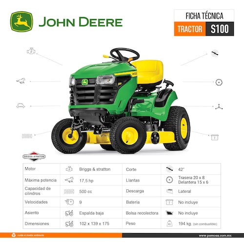 TRACTOR CORTACESPED 17.5 HP JOHN DEERE S100