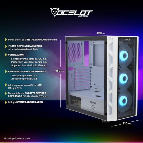Gabinete Ocelot Gaming OG-C White Blixard, E-ATX, Cristal Templado, sin Fuente, Blanco.