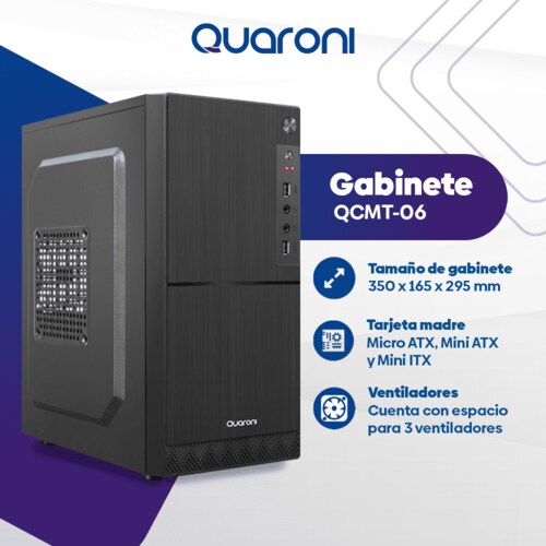 Gabinete Quaroni QCMT-06, Micro-ATX, 500W, Panel Frontal ABS Tipo Aluminio Cepillado, Negro