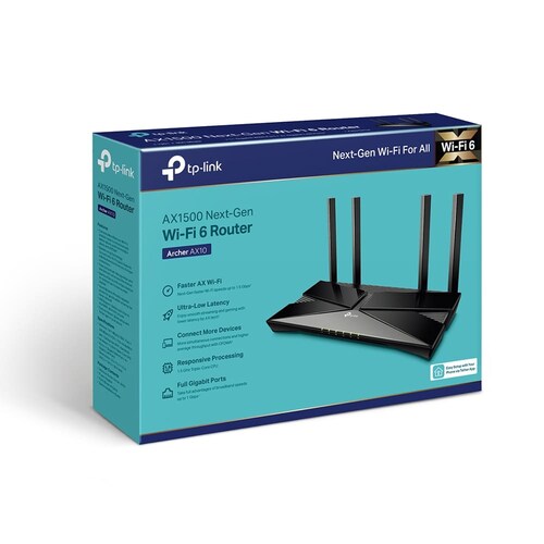 Router Wi-Fi 6 TP-Link Archer AX10, AX1500, de doble banda, MU-MIMO, Gigabit, Negro.